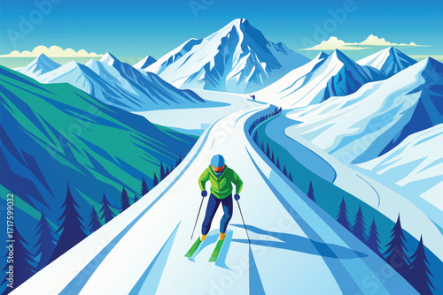 A lone skier in a vivid green jacket glides down a winding snow field amid towering blue mountains, capturing adventure, fitness, and the thrill of outdoor winter sport.