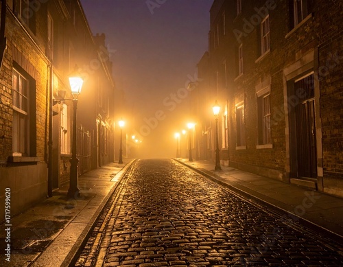 atmospheric photograph of a cobblestone street in Victorian London at night.