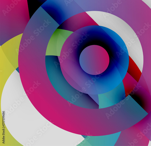 Abstract colorful circles overlap, creating dynamic visual effect. Bright hues blend, forming swirling pattern. Modern design.