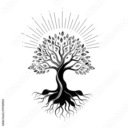 Visionary wisdom tree, surveillance ethics, growth and awareness, mindfulness roots, interconnected knowledge, awakening insight