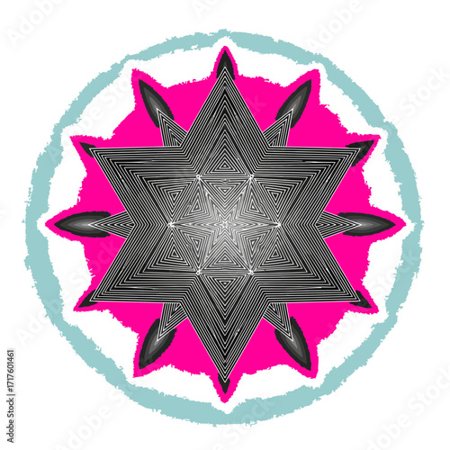 Metallic star emblem on magenta, geometric prestige mark, premium badge, digital mandala, modern crest, bold symmetrical vector