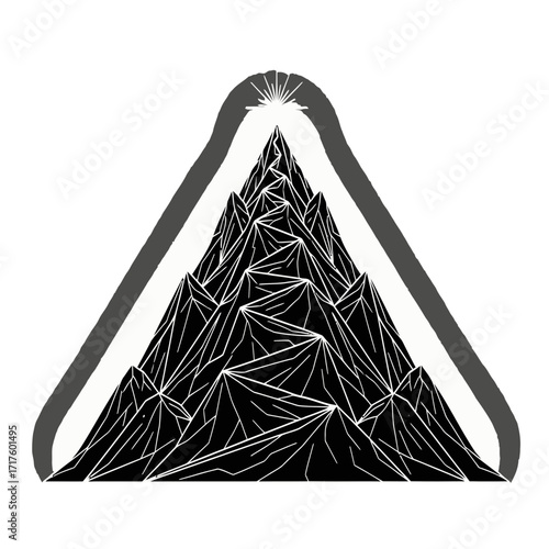 Triangular mountain burst, summit achievement, peak performance symbol, adventure brand mark, modern geometric outdoors icon