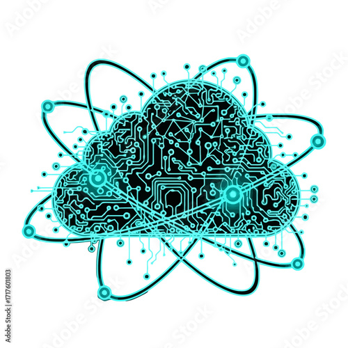 vector illustration of  Cloud circuitry for distributed computing, SaaS, AI data pipelines, scalable networks, quantum edge, connectivity map, modern IT

