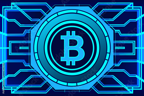 A futuristic bitcoin logo with a circuit board background in blue color scheme