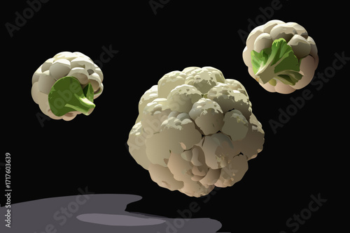 Threedimensional render of fresh cauliflower heads on a