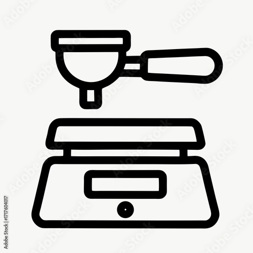 Line art icon of a coffee portafilter on a digital scale, used for precise coffee preparation.