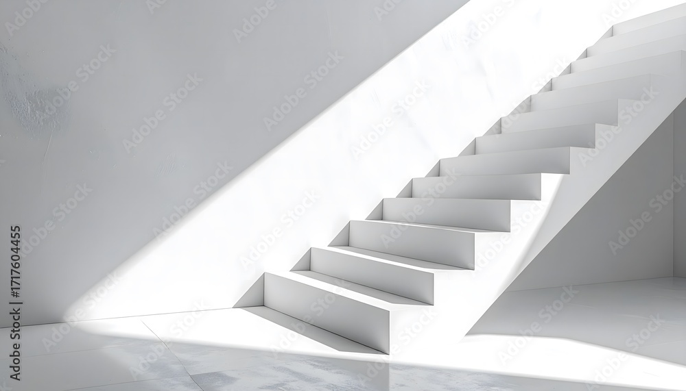 Obraz premium Minimal white staircase with sharp daylight and long shadows