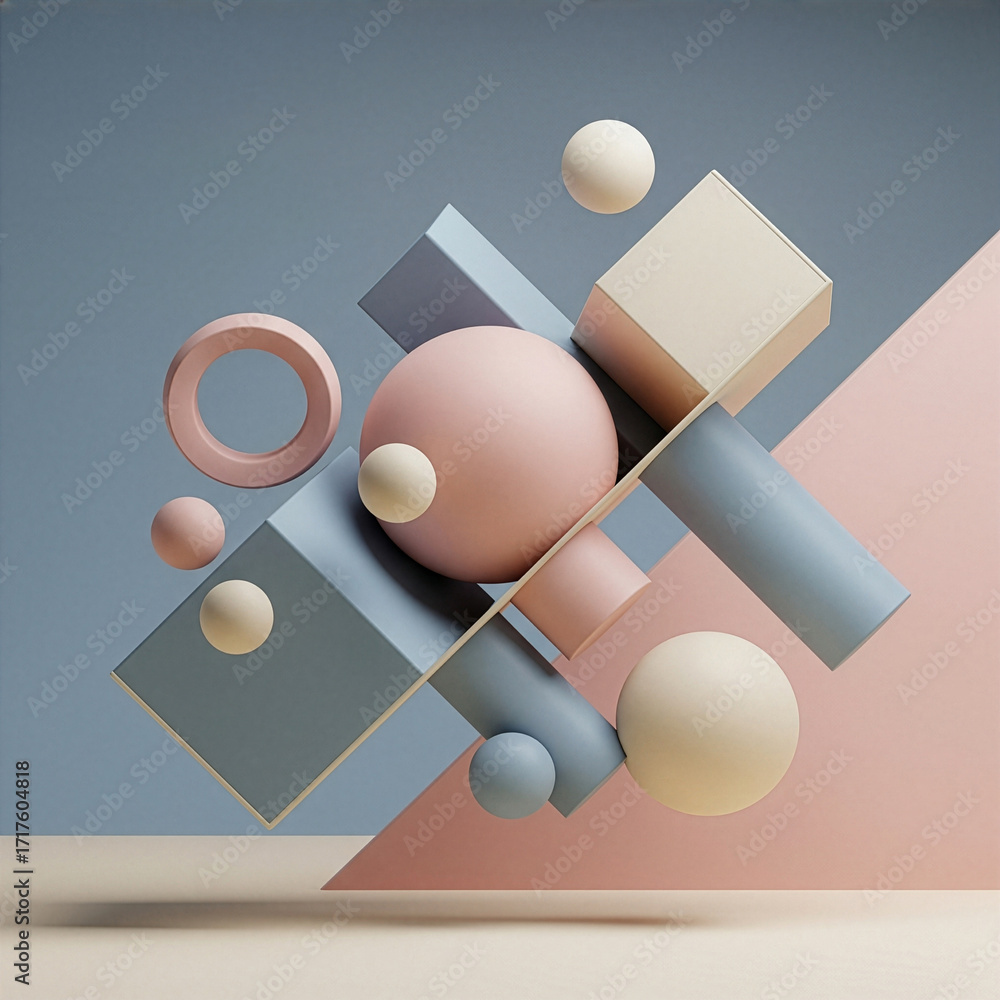 Obraz premium Abstract 3D composition of floating geometric shapes. Modern minimalist background in pastel pink and blue. Concept of balance and harmony.