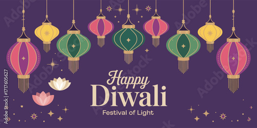   diwali celebration background with hanging lanterns, lotus flowers, and sparkling stars on purple backdrop for festive greetings