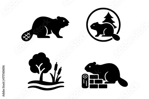 Beaver icons set with wildlife and nature elements. Simple black silhouettes for logo design. Vector illustration of rodent animal, dam construction, and natural habitat.