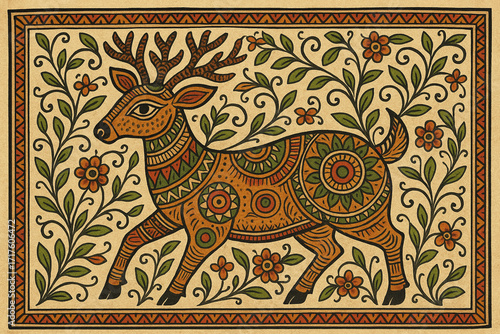 traditional pattachitra folk art of deer, decorative tribal ethnic design, pattachitra art style