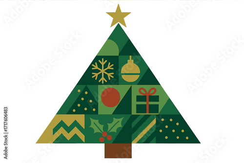 Modern geometric Christmas tree in minimalist patchwork style. Xmas pine made of patterns, gift, snowflake, holly. Festive vector illustration for holiday greeting card design.