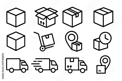 Delivery and shipping line icon set. Logistics and transportation service symbols. Vector collection for e-commerce, web, and app design. Includes package, box, truck, and tracking.