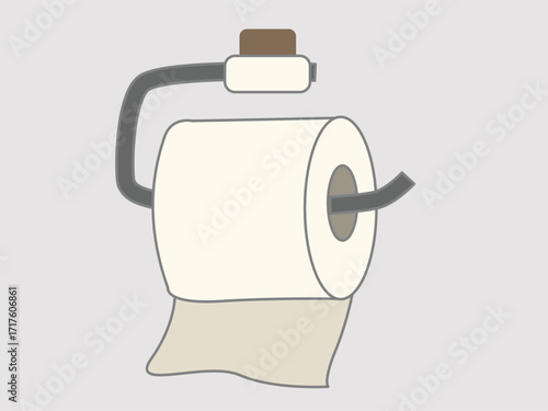 Illustration of a roll of white toilet paper hanging on a gray metal holder with a brown stopper.