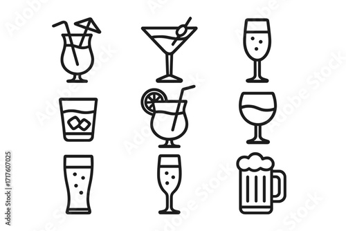 Drinks and beverages line icon set. Vector symbols of cocktail, martini, wine, beer, and champagne glasses for bar menu, restaurant, party, web, and mobile app design.