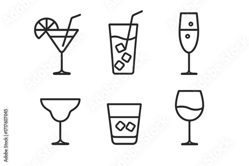 Drinks and cocktails line icon set. Simple linear vector illustrations of alcohol beverages. Glass of wine, champagne, whiskey on ice. Bar menu outline symbols for web design.