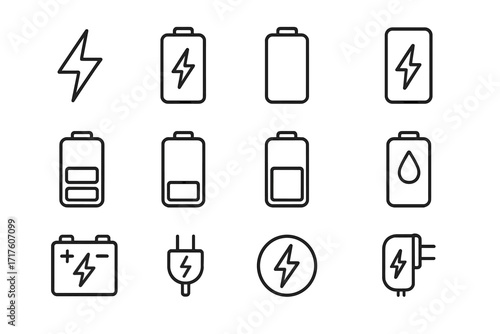 Energy battery charger line icon set. Editable stroke. Electricity power level indicator, mobile phone charge, accumulator, plug, car battery, thunderbolt vector illustration.