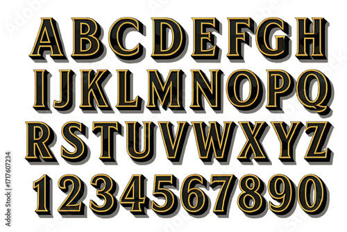 3D gold and black alphabet numbers set. Vector font. Vintage classic retro typeface. Chiseled metal letters. Luxury headline typography. Bold serif type. Elegant abc design.