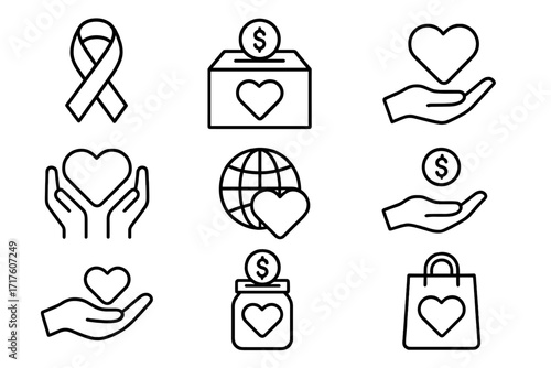 Charity and donation line icons set. Vector symbols of giving, support, care, and fundraising. Collection of heart, hand, money, globe, and awareness ribbon for non-profit.