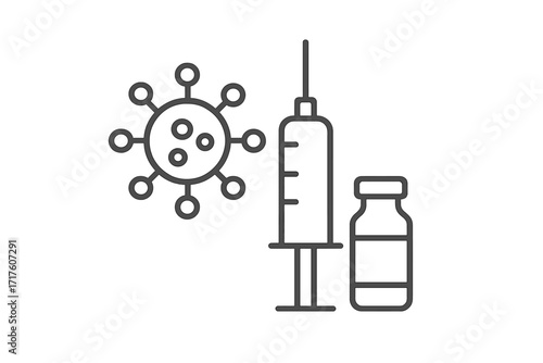 Coronavirus vaccine thin line icon. Covid-19 vaccination, immunization concept. Vector of virus, syringe, needle and medicine vial for fighting disease, treatment and prevention.