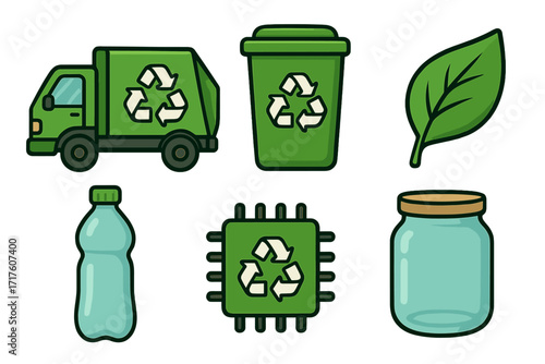 Recycling and ecology icon set. Eco-friendly concepts for sustainability and environmental care. Vector illustrations of garbage truck, bin, leaf, bottle, e-waste chip and jar.
