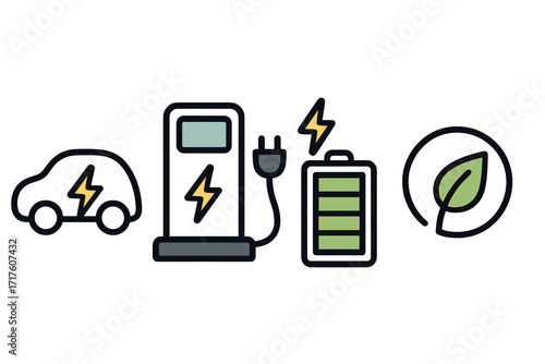 Electric vehicle icon set. EV car, charging station, battery power and eco leaf symbol. Vector line icons for green energy, e-mobility and sustainable transportation concept.