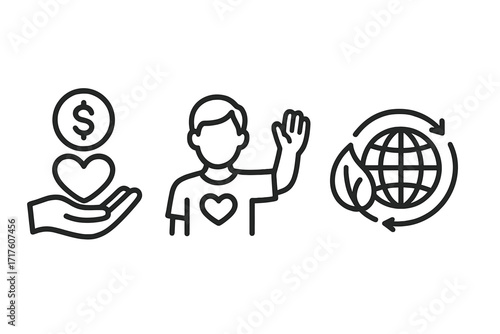 Charity and donation icon set. Volunteer, giving money, and financial support symbols. Ecology, environment protection, and sustainability concepts. Social responsibility icons.
