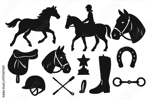 Equestrian sport elements set. Horse riding silhouette vector collection. Includes jockey, saddle, helmet, boot, horseshoe, trophy icon. Equine race and derby concepts.