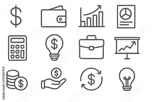 Business and finance line icon set. Concepts of money, investment, profit, and savings. Vector outline symbols including dollar sign, wallet, growth chart, calculator, and idea.