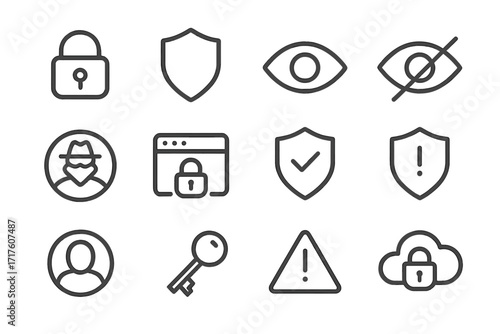 Privacy and security line icon set. Vector symbols for cybersecurity, data protection, internet safety. Padlock, shield, key, cloud, anonymous user, secure web access concept.