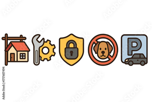 Real estate vector icon set. House for sale sign, home maintenance, property security, no pets allowed policy, and car parking symbol. Rental and sales cartoon pictograms.