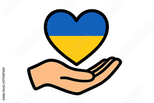 Hand holding a heart with Ukrainian flag colors. Vector icon for Ukraine crisis. Support, love, and peace for Ukraine. Stop war concept. Charity and donation symbol.