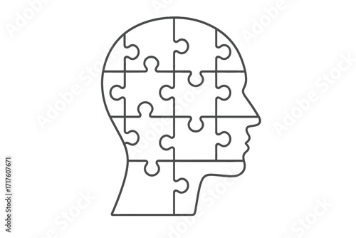 Mental health and psychology concept. Head silhouette made of puzzle pieces. Jigsaw idea for problem solving, business solutions, strategy, thinking, and brainstorming. Vector.