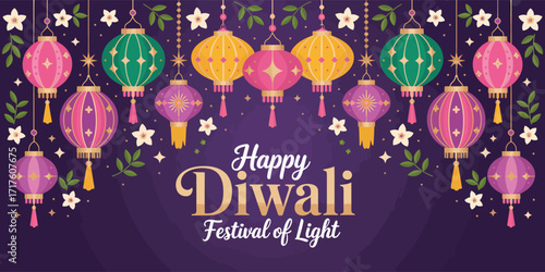 Colorful Diwali lanterns with floral accents and elegant gold typography on deep purple background celebrating the Festival of Lights 