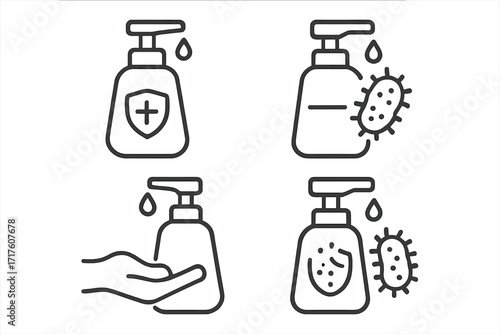 Antiseptic gel and liquid soap vector icon collection. Hand sanitizer dispenser for hygiene. Concept of disinfection, antibacterial protection, and health safety from germs, virus.