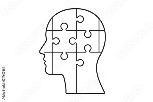 Head profile puzzle pieces vector icon. Concept mental health, psychology, business solution. Jigsaw brain for problem solving, education, logic, memory, strategy and thinking.