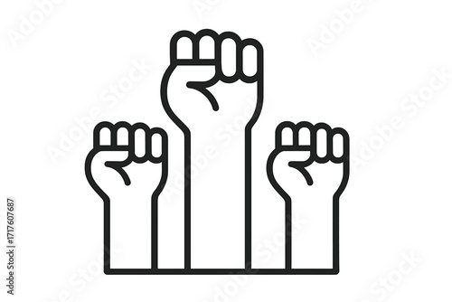 Raised fists vector line icon. Symbol of revolution, protest, and solidarity. Concept for social justice, activism, and empowerment. Unity and strength of a crowd sign.