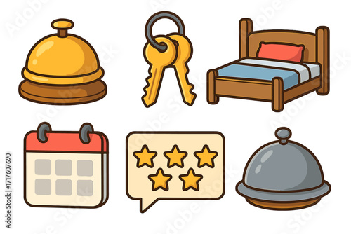 Hotel and hospitality service icon set. Vector cartoon collection with reception bell, room keys, bed, booking calendar, five star review, and room service cloche.