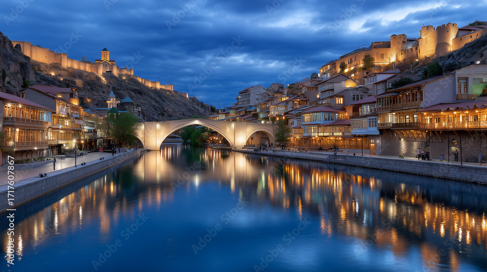 Obraz premium A charming historic riverside city at twilight, where glowing lights from traditional buildings and stone fortifications reflect beautifully on the calm water. An elegant arched bridge spans the river
