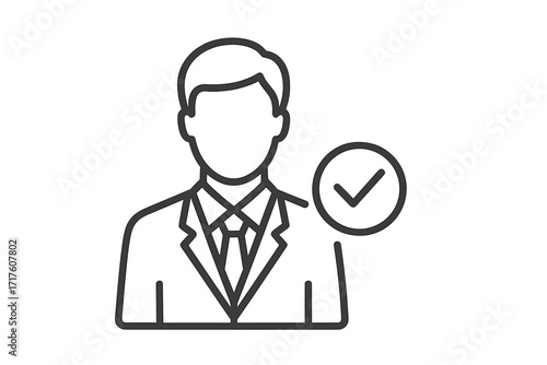Businessman icon with checkmark. Approved candidate for job. Human resources and recruitment concept. Hiring employee for business. Vector line art for employment and staffing.