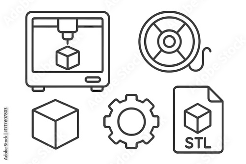 3D printing linear icons set. Thin line vector symbols for additive manufacturing technology. Features printer, filament spool, stl file, gear and cube model for prototyping.