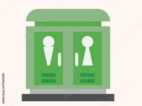 Green public restroom illustration featuring male and female symbols on separate doors, set against a light background.
