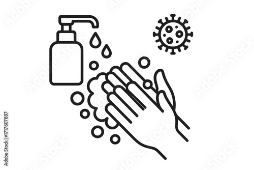 Hand washing for coronavirus covid-19 prevention. Vector line icon of hands sanitizing with water and soap. Hygiene concept. Antibacterial protection against germs and flu virus.