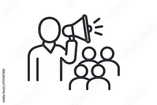 Leader with megaphone speaking to a crowd. Thin line icon for marketing, promotion, announcement, leadership and public speaking. Vector illustration for business presentation.