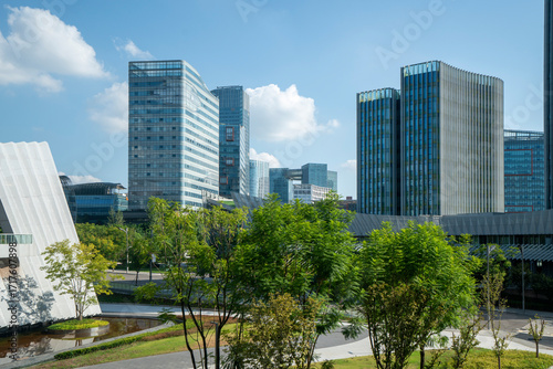 Park lawns and modern office buildings in technology parks