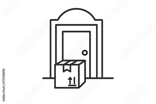 Delivery parcel box at front door entrance. Contactless home delivery concept for online shopping. E-commerce order and shipping. Logistics vector thin line icon symbol.