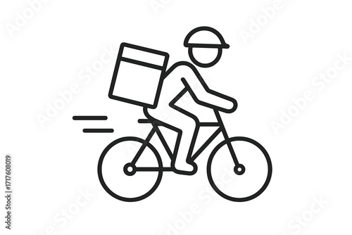 Delivery man riding a bicycle. Fast food delivery service icon. Courier with backpack on a bike. Express shipping and logistics concept. Vector thin line illustration symbol.