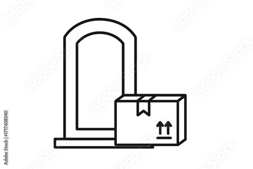Contactless delivery parcel box at front door entrance. E-commerce online shopping package arrival. Vector thin line icon for shipping, courier service and receiving.