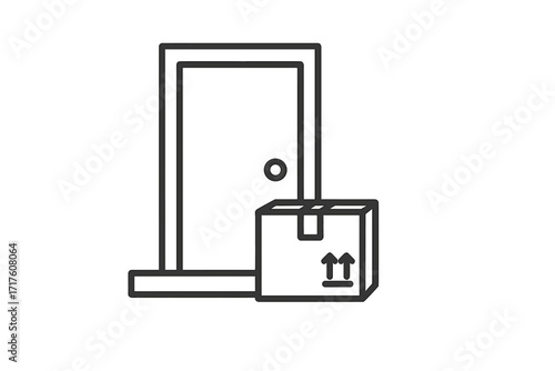 Contactless delivery concept. Parcel box package left at front door entrance. Safe home delivery service for online shopping order. E-commerce shipment. Vector line icon.