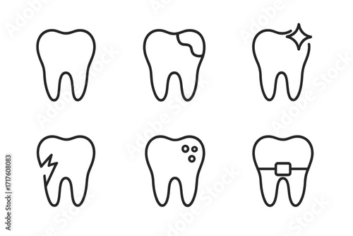 Dental line icon set. Tooth care, stomatology, dentistry symbols. Teeth problems concept: caries, cavity, crack, brace. Healthy clean tooth. Vector outline pictogram pack.